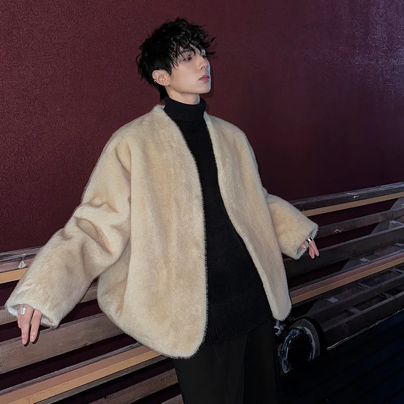 

Корейская модная мужская зимняя куртка из меха кролика с V-образным вырезом, утепленная бархатом, теплая, с большим меховым воротником, приталенного кроя