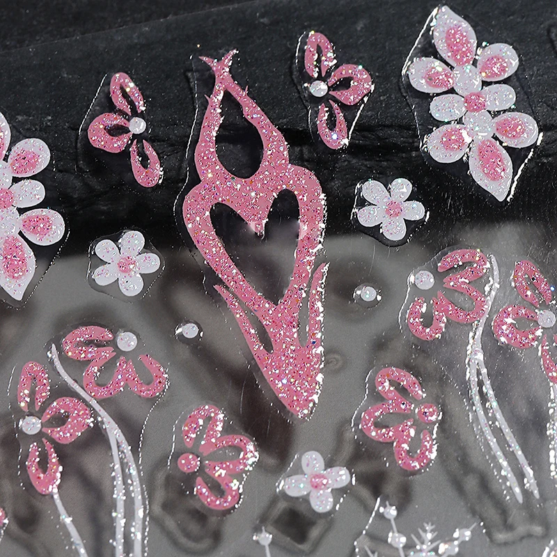 5 Vellen Glitter Nagelstickers Roze Wit Reflecterende Franse Tips Vlamvlinder Nagel Emblemen Ontwerp Bloemen Manicure Sliders