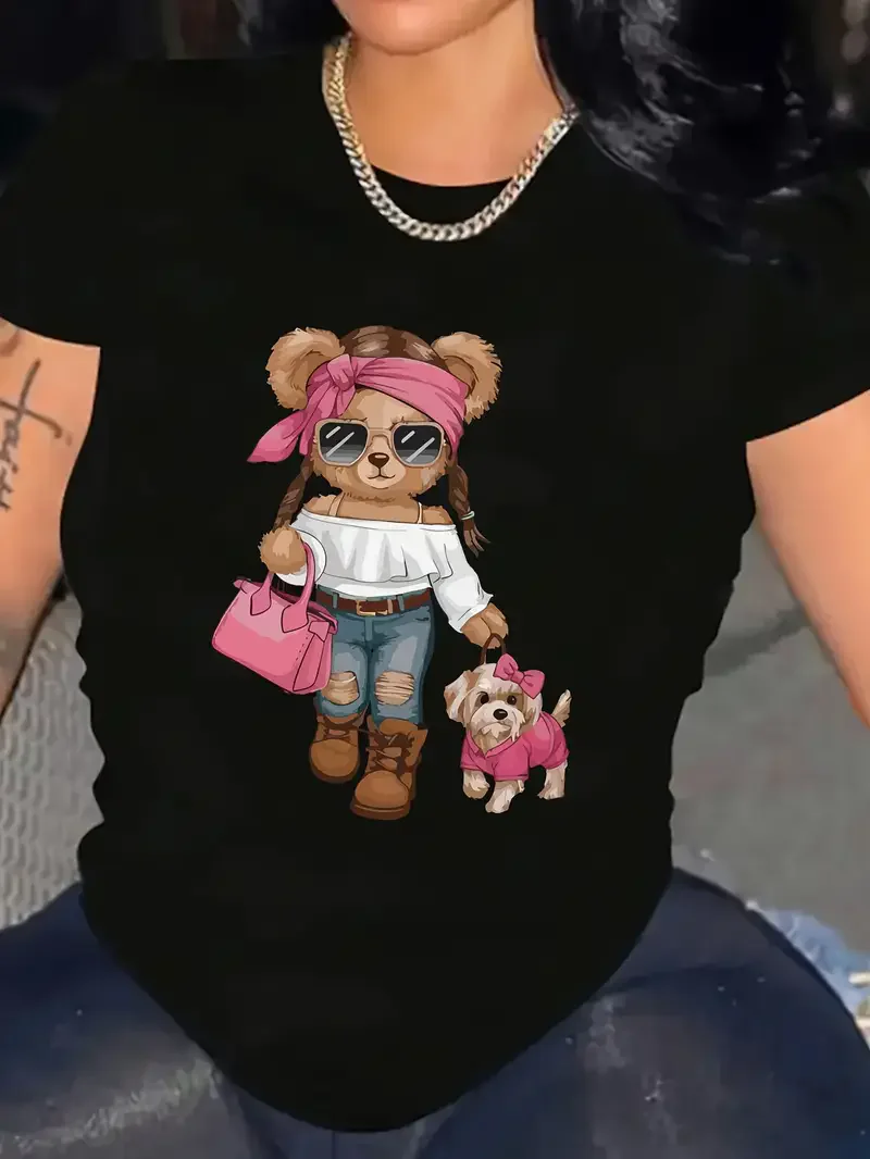 Y2k T Shirt Bear Kawaii Print T-shirt Short Sleeve Crew Neck Casual Top for Summer Spring Women's Clothing Top Tee