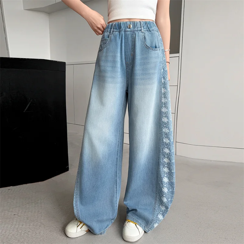

Korean Style Kids Jeans for Teen Girls with Side Floral Printing Fashion High Waist Teenager Denim Pants Long Trousers 9 11 12Y