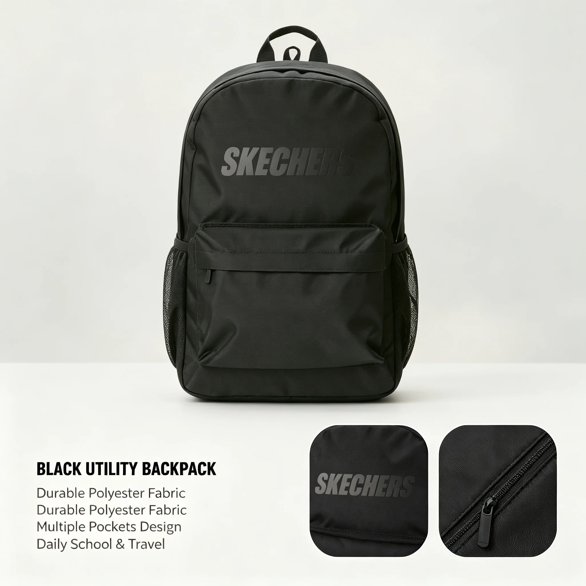 SKECHERS Black Backpack School Travel Daily Bag Large Capacity Multi-Pocket Durable Polyester Shoulder Bag P225U126-03K8