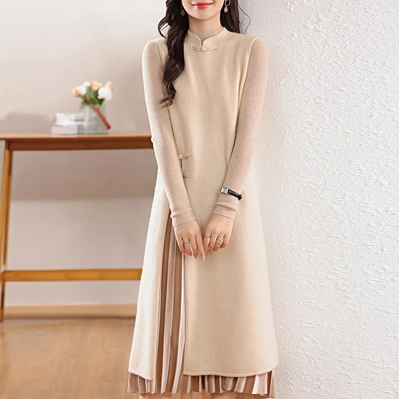 Women's 100% Wool Long Dress, Sleeveless, Stand-Up Collar, Buttons, High Slits, Chinese Style, Cheongsam, Vest