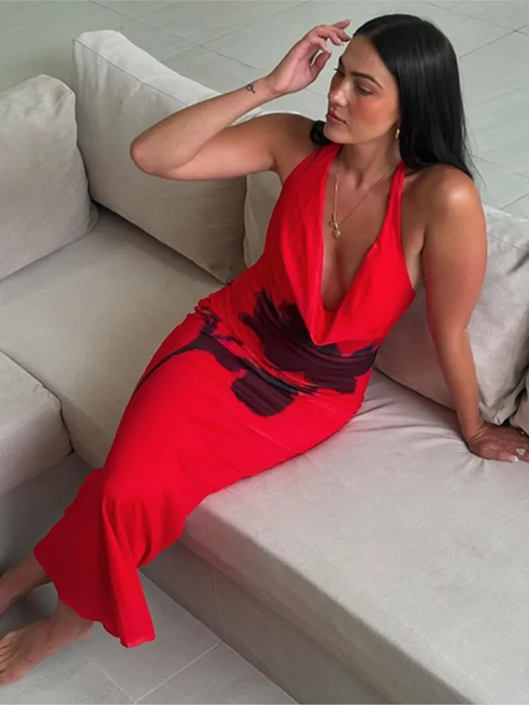 Robe longue imprimée pour femmes, Sexy, col en V profond, mode soirée, rouge, épaules dénudées, sans manches, dos nu, moulante, robes longues de vacances