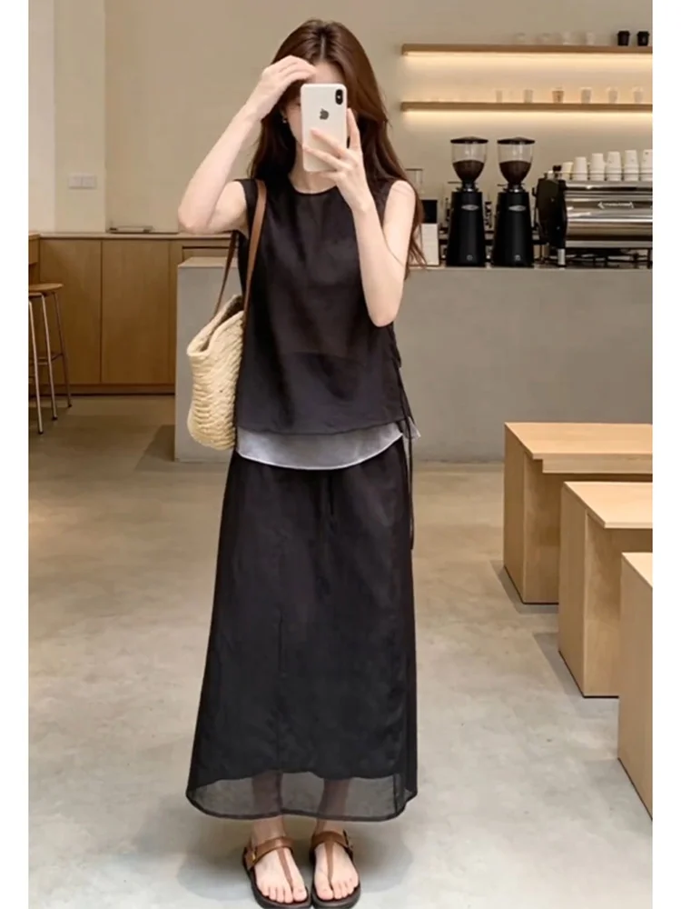 

Korean Style round Neck Two-Piece Set Women's Fashionable Maturity Summer New Half-Skirt Ensemble Breathable Casual Wear