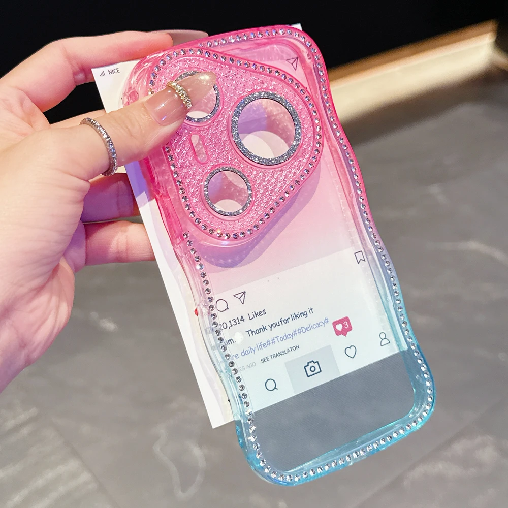 

KEYSION Rhinestone Phone Case for Huawei Pura 70 80 Pro 80 Ultra Gradient Transparent Wavy Lens Protector Shockproof Back Cover