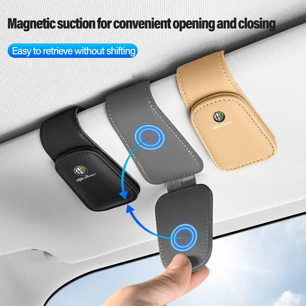 Leather Car Glasses Clip Sunglasses Box Sun Visor Eyeglasses Card Ticket Holder For Alfa Romeo 4C 159 166 Spider Giulia 156 GT
