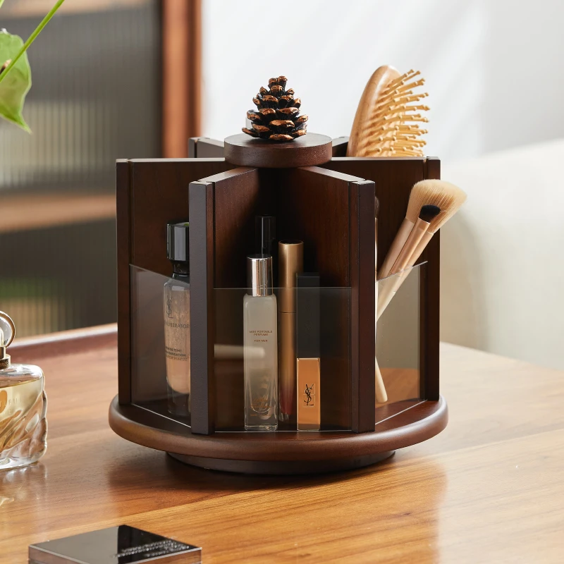 

Wooden retro rotating cosmetics skin care products dresser storage box rack
