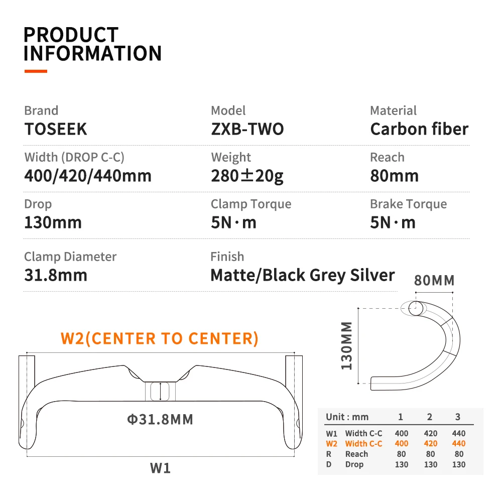 TOSEEK ZXB-TWO Bike Carbon Road Handlebar 400/420/440mm UD Matt Internal Routing Road Bicycle Handle Bar