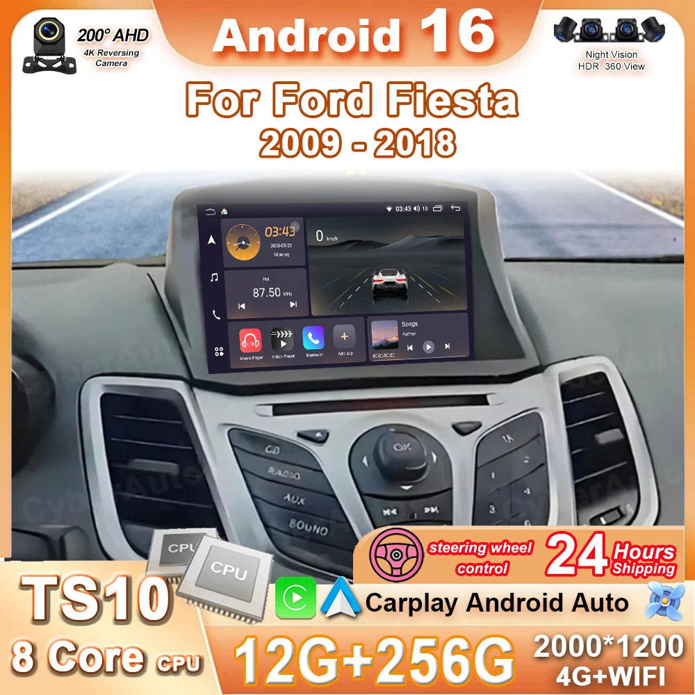 

Android 16 For Ford Fiesta 2009 -2018 Auto Multimedia Video Player GPS Navigation Bluetooth Touch Screen NO 2 DIN DVD 4G+Wifi BT