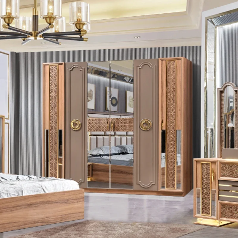 

A European Style Luxury Wooden Frame King Size Bed Room Set Lighted Headboard Modern Design Full Bedroom Furniture Set