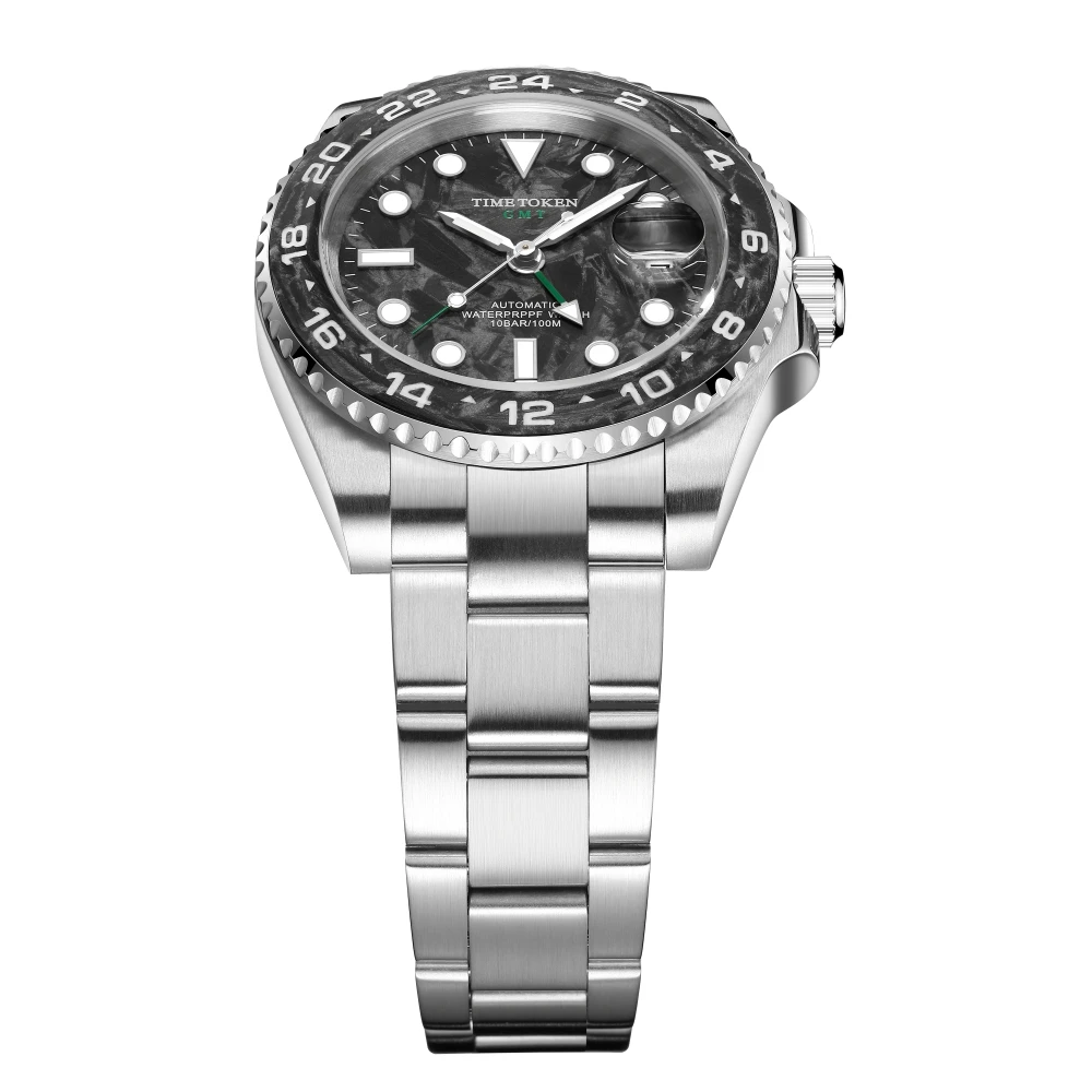 TIME TOKEN 2025 40mm Mens Carbon Fiber Automatic Watch Luxury Diver 100m Water Resistant Luxury Watch