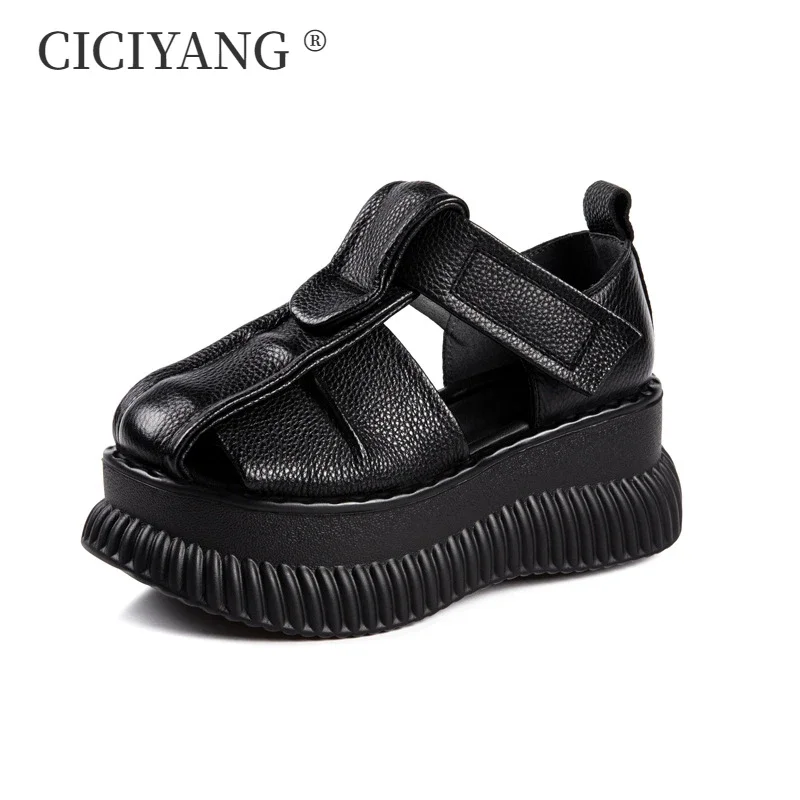 

CICIYANG Women Sandals Genuine Leather 2024 Summer New British Style Retro Women Sandals Woven Closed Thick Bottom Roman Sandals