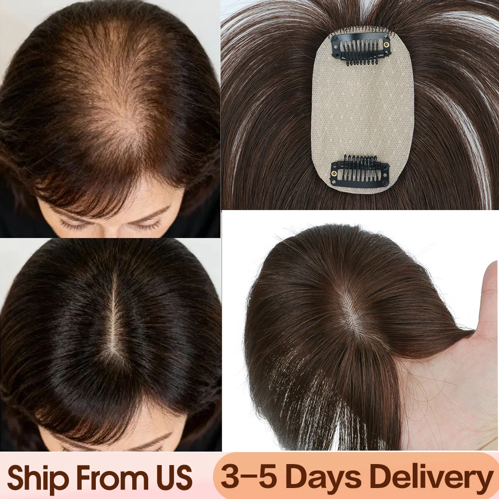 5x9cm Natural Human Hair Toppers For Women Silk Base Weightless Cover Wide Hairpart/Grey Hair Black Brown Breathable Daily Use
