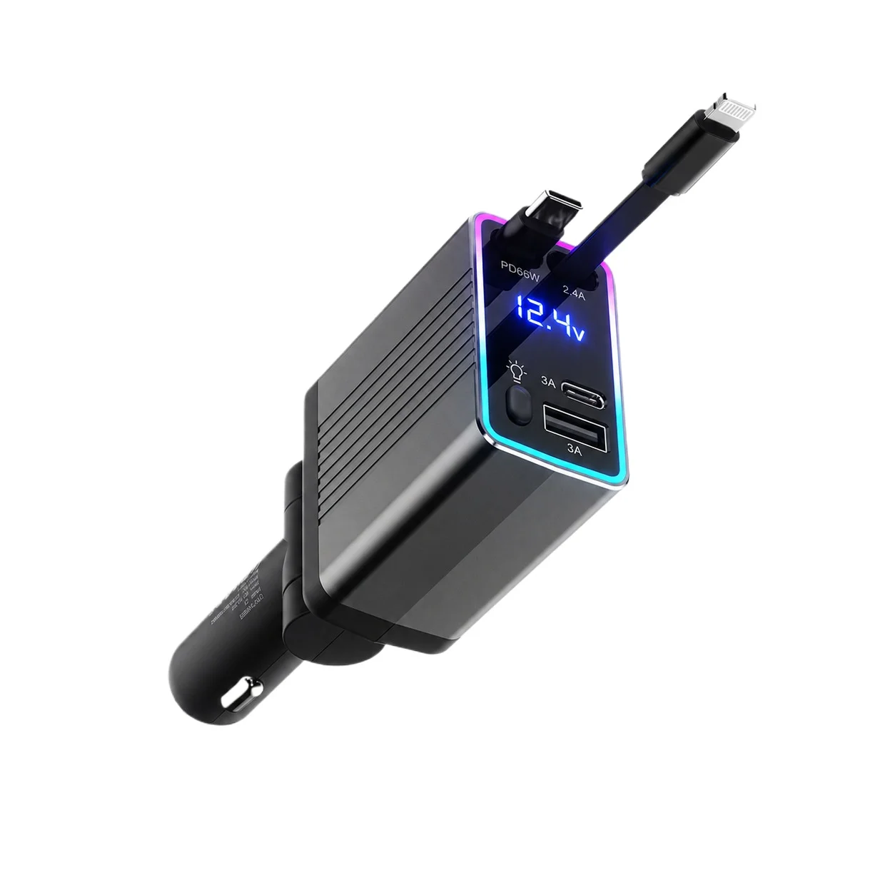 120W 4‑in‑1 GaN Car Fast Charger Retractable Cord Digital Voltage Display RGB Light Car Power Adapter