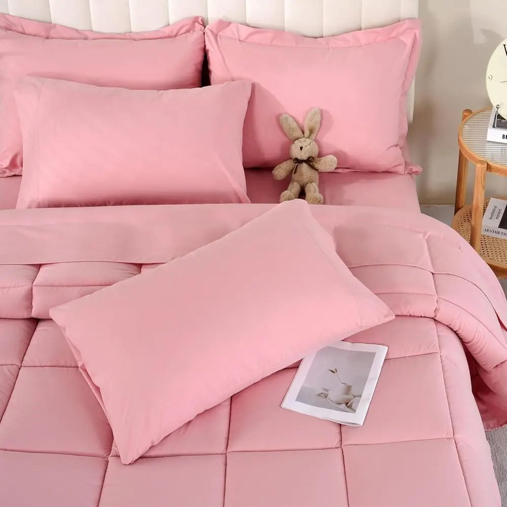

7-Piece Full Size Bedding Set in Pink: Comforter, Flat Sheet, Fitted Sheet, 2 Pillowcases & 2 Shams - All Season Down Alternativ