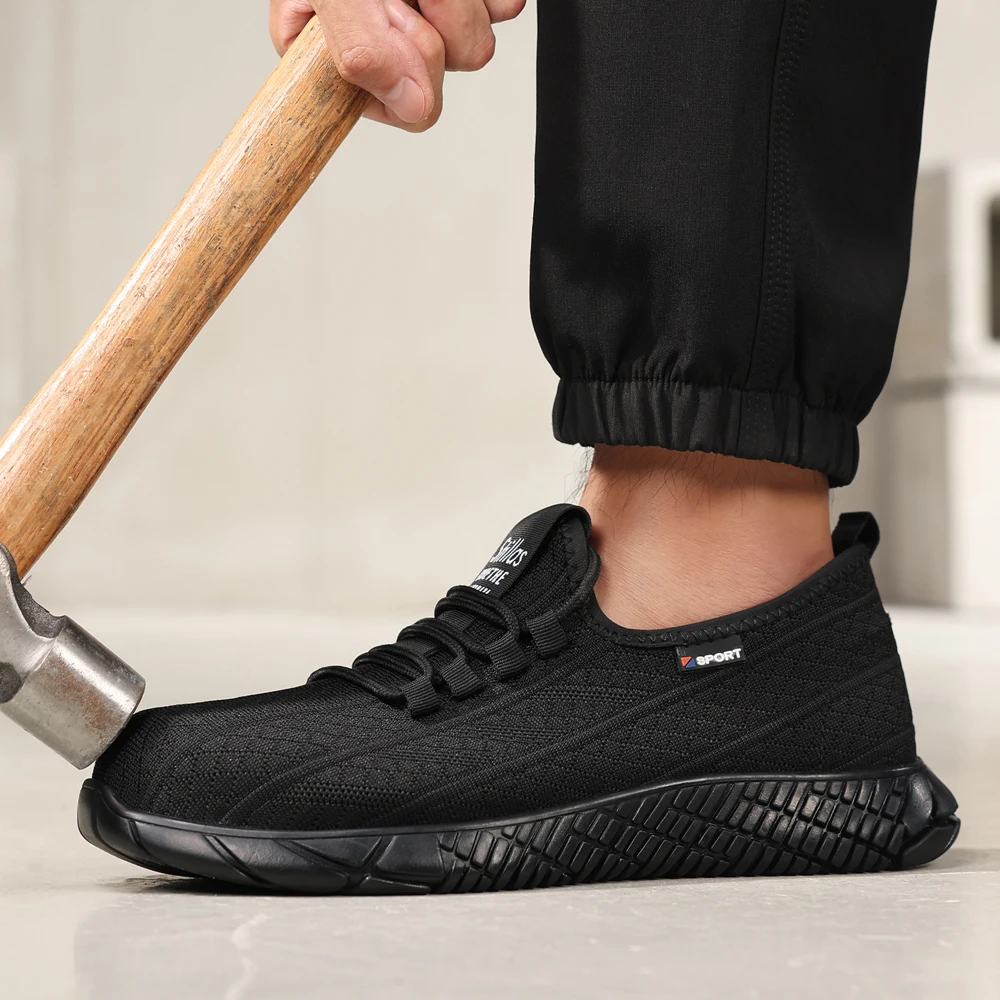 Schwarze Arbeitssicherheitsschuhe, Arbeits-Sneaker mit Stahlkappe, pannensichere, unzerstörbare Schuhe, Schutzstiefel, Sicherheitsschuhe, rutschfest