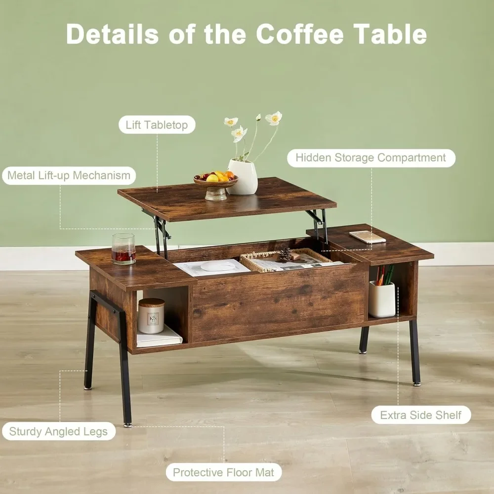 Wood Lift Top Coffee Table with Hidden Compartment and Storage Shelf for Living Room/Office Reception, Rising Tabletop, Brown