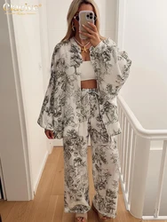 Clacive Fashion Loose Print 2 Piece Sets Women Outfit 2024 Elegant Long Sleeve Blouse With High Waist Wide Pants Set Female