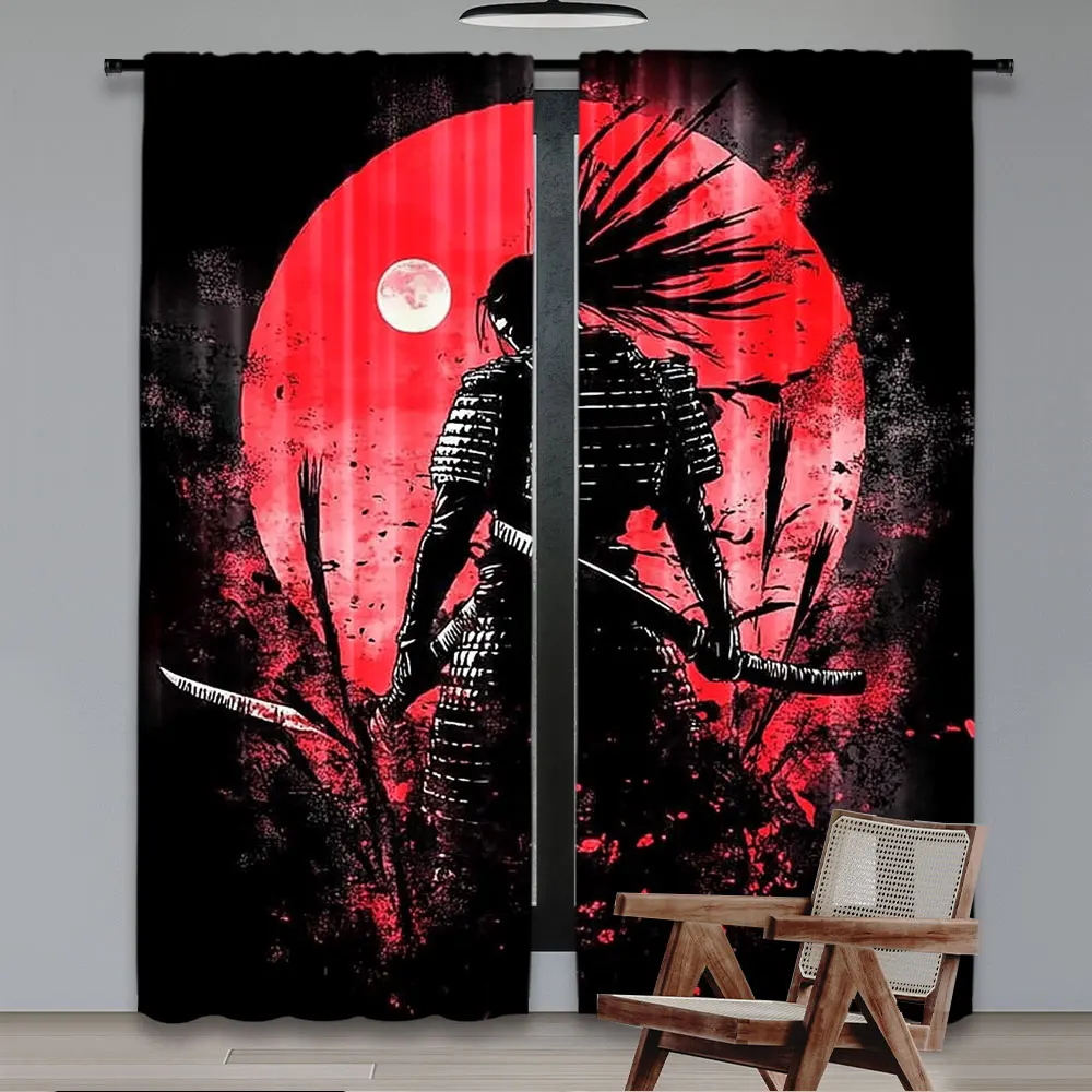 2Pcs Anime Samurai Curtain Cool Japanese Black And Red Art Curtain For Bedroom Asian Chinese Red Sun Curtain For College Dorm