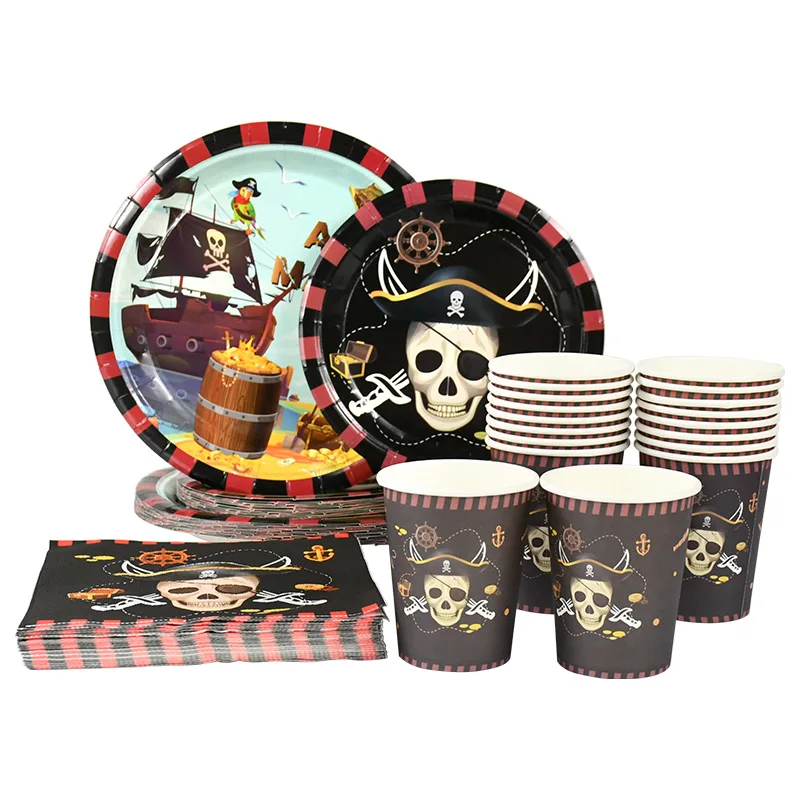 Pirate Theme Party Disposable Tableware Paper Plates Cups Napkins Kids Boy Birthday Party Decorations Halloween Supplies