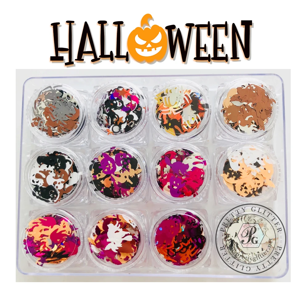 

PrettyG 1 Set 12Color Box Halloween Shape Mixes Glitter Bulk Bat Spiders Pumpkin Witch Sequins For Resin DIY Nail Art Decoration