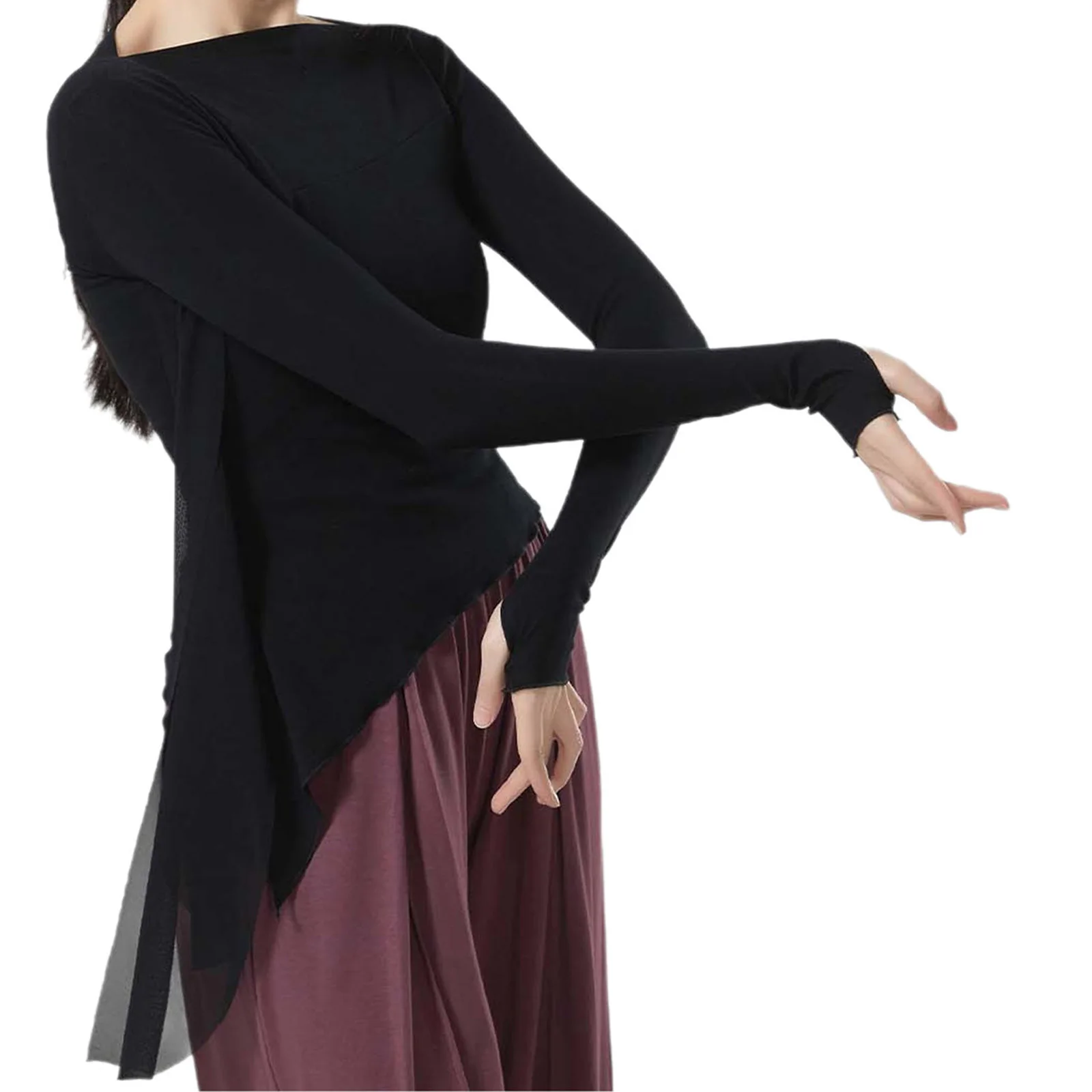 Classical Dance Practice Clothes Finger Sleeve Side Split Tulle Design Chinese Style Casual Wear Chic Stage Performance Costume