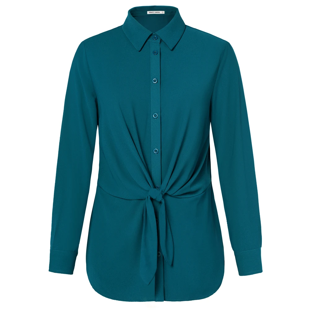 GK Shirts For Women Elegant Side Slit Shirt OL Slim Fit Long Sleeve Lapel Collar Blouses Femme Curved Hem Button-Up Tops
