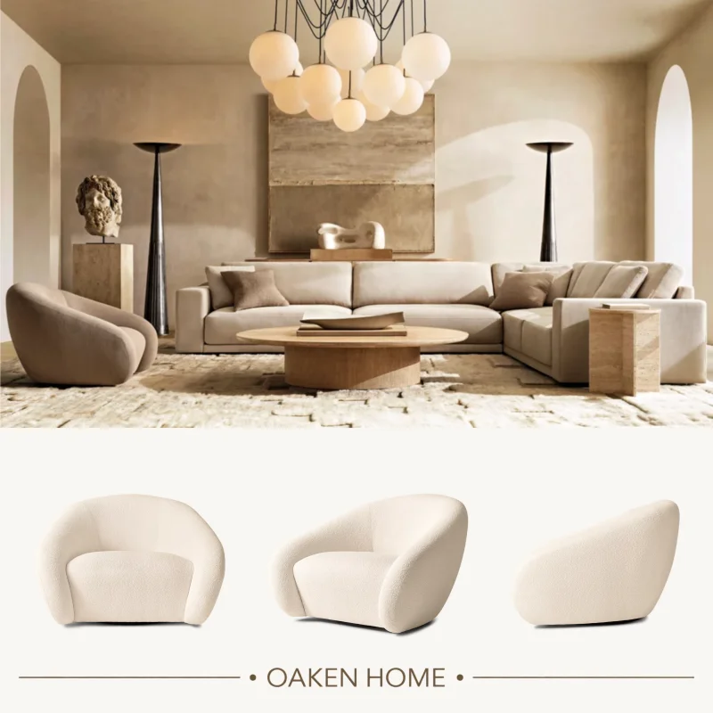 OAKEN Modern Boucle Swivel Accent Chair Curved Upholstered Living Room Lounge Armchair Round Rotating Leisure Sofa Chair