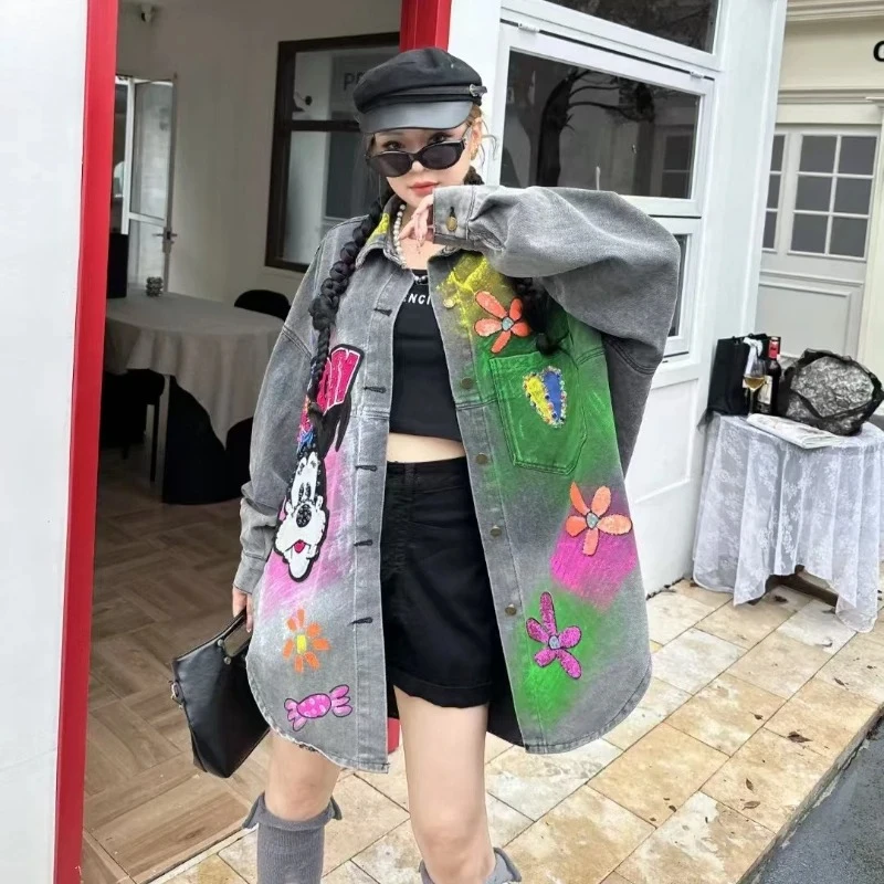 

2026 Spring New Arrival Women's Mickey Mouse Denim Jacket - Oversized Mid-Length Heavy-Duty Beaded Sequin Graffiti Top
