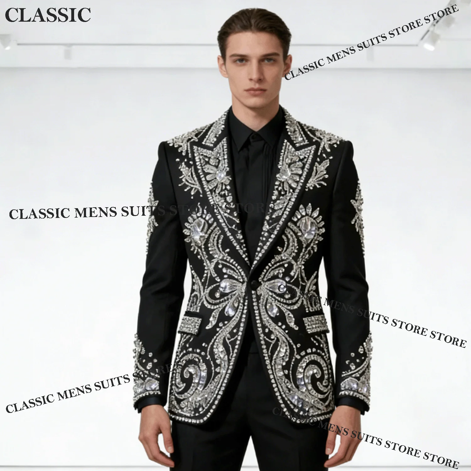 

Мужские свадебные смокинги и костюмы-тройки ручной работы с кристаллами и стразами, приталенные, 2 предмета, для жениха, на заказ