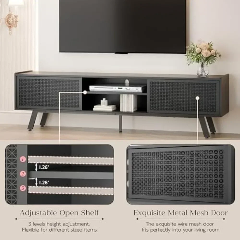 65 TV de 70 polegadas, console de TV moderno de vime de ferro com porta deslizante, console de mídia para sala de estar e quarto