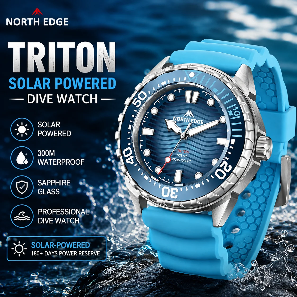 NORTH EDGE 2025 New TRITON Solar Powered Dive Watch Men Luxury Quartz Watches For Men 316L Stainless Steel Case Waterproof 300M