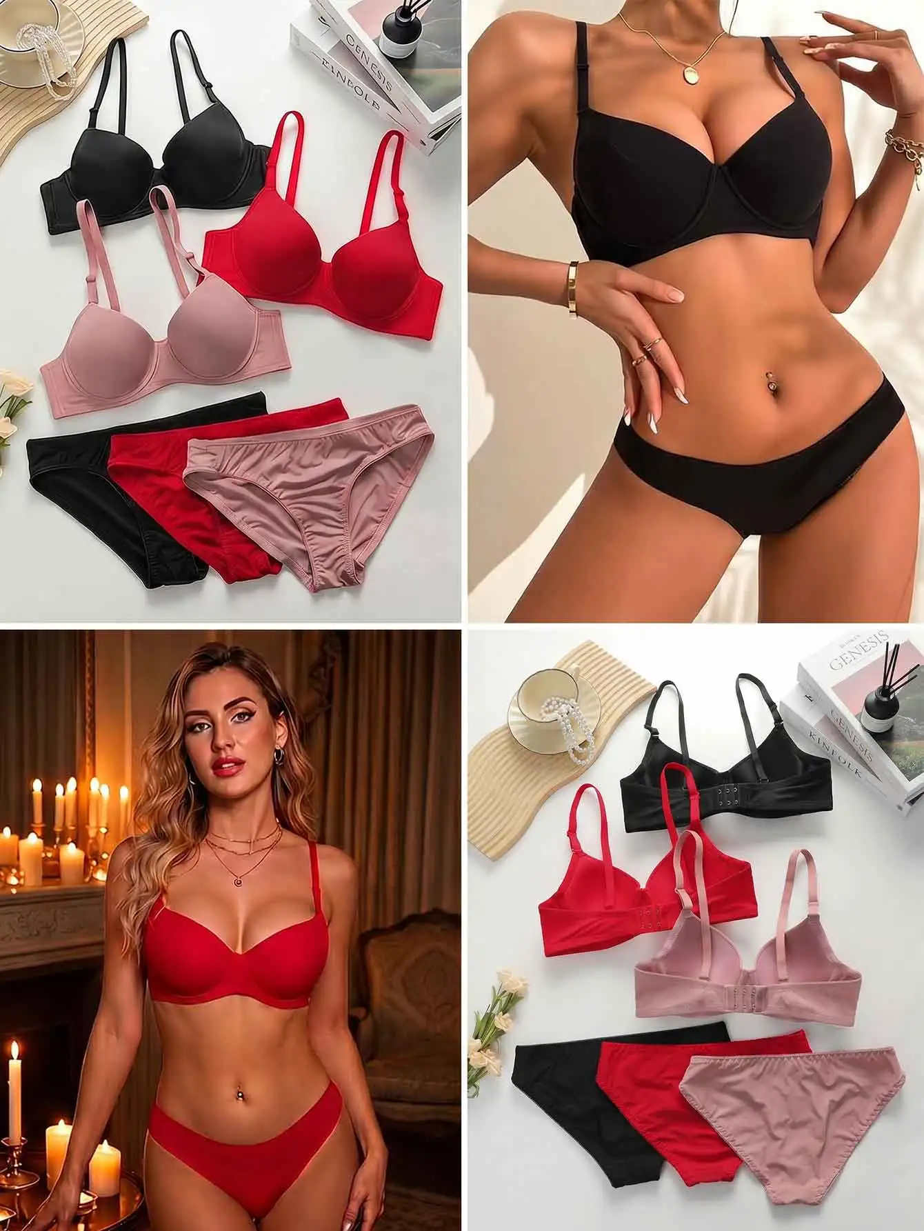 3 Set Multi Color Lingerie Set Women's Bra And Panty Set  3/4 Cup Push Up Bralette adn Briefs 6 Pcs B6005