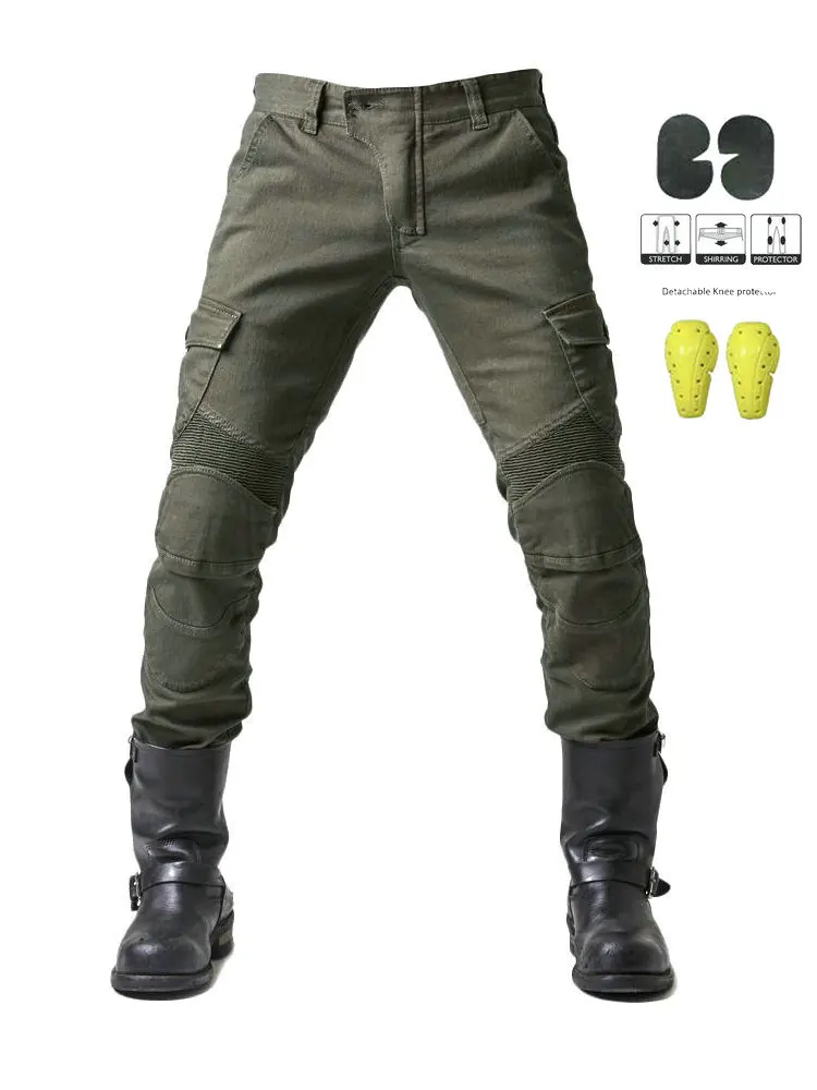 Cycling Pants Men's Summer Motorcycle Locomotive Anti-drop Knight Equipment Four Seasons Elastic Denim Army Green Racing Pants