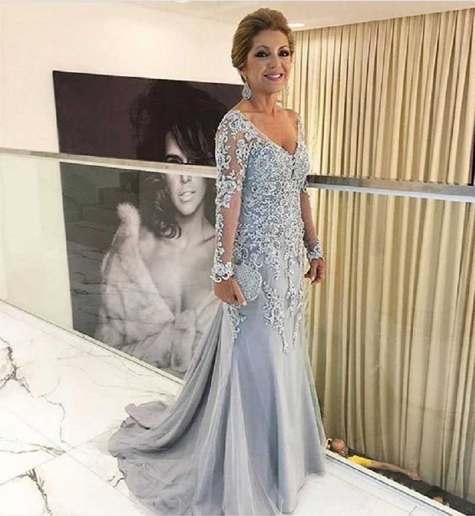 Vestidos de manga larga para madre de la novia, apliques de sirena, cuello en V, boda, fiesta Formal, vestidos de noche para madre, oro, púrpura, nuevo