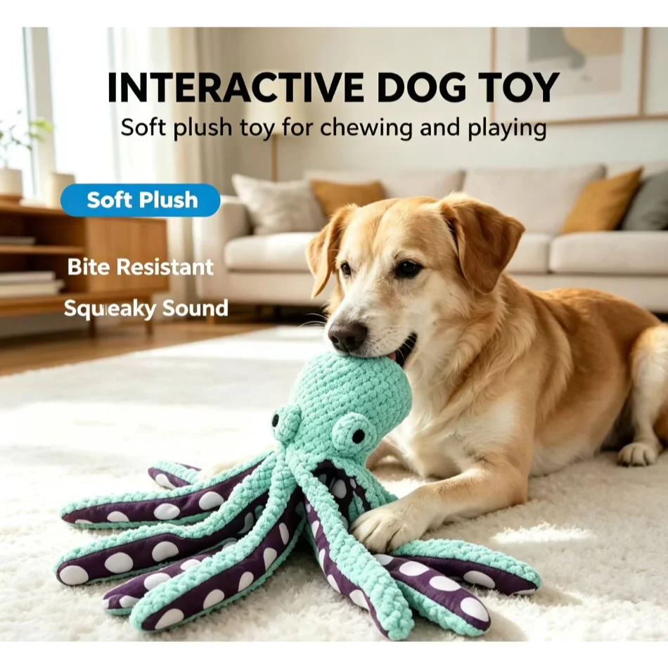 Cute Octopus Plush Dog Toy, Built-in Squeaker, Tough Anti-tear Comfort Companion Relieve Separation Anxiety for Puppies