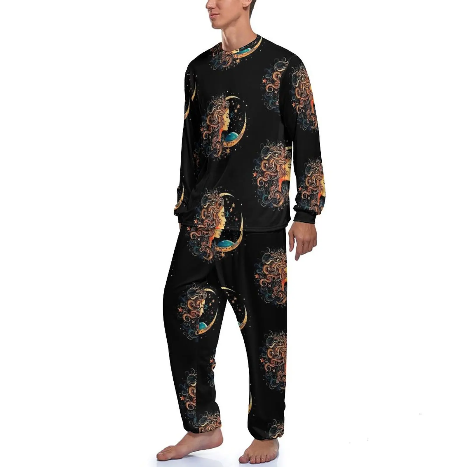 Sun And Moon Print Pajamas Autumn 2 Pieces  Lovely Pajama Sets Male Long Sleeves Aesthetic Graphic Sleepwear