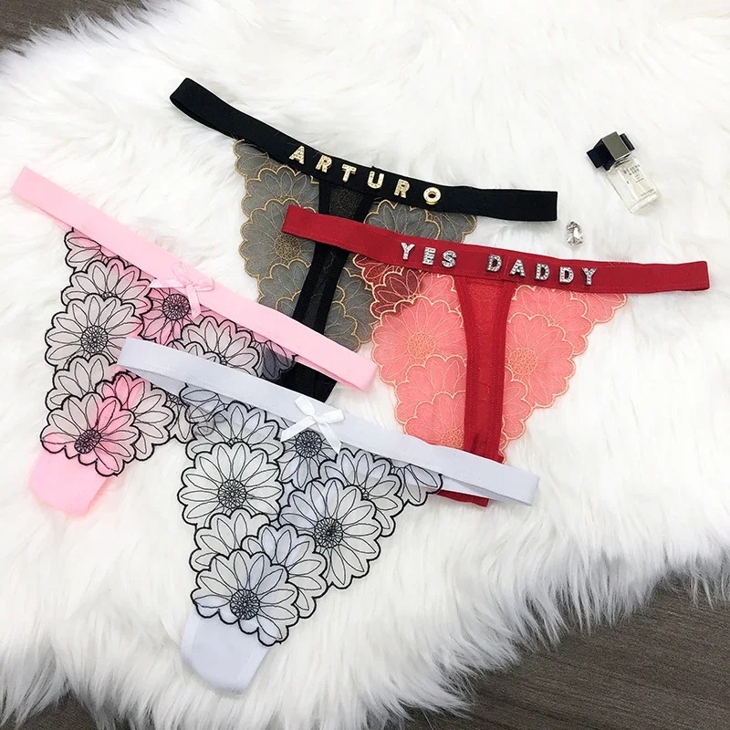 Personalized Thongs Customize Crystal Name Letter Panties Women Sexy  Embroidery Lace Underwear Bikini G-String Lover Gift