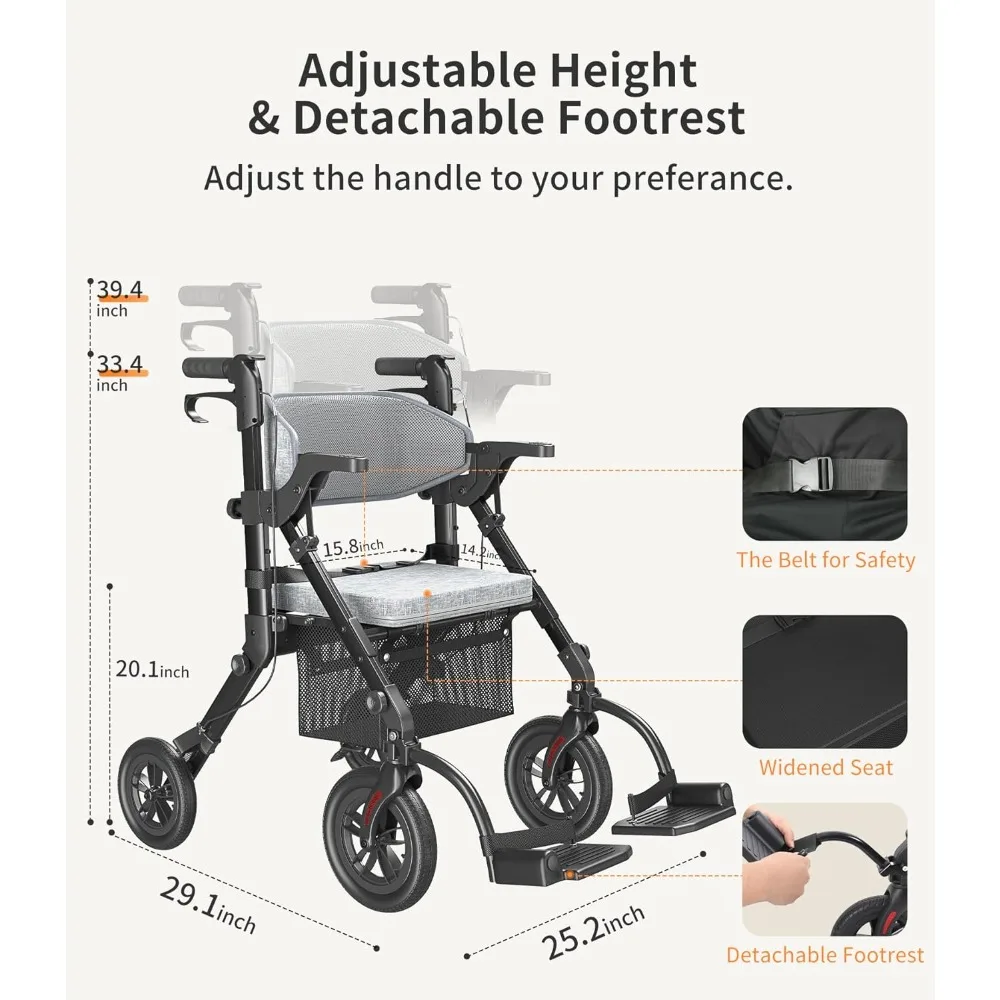 Rollator Walkers for Seniors with Seat, Transport-Wheelchair-Lightweight-Foldable, 2 in 1 Rolling Walker Chair with Brakes