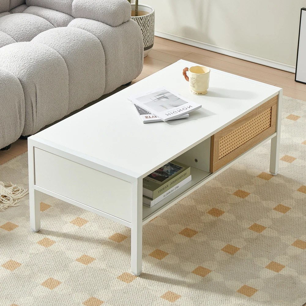 Armário De Armazenamento De Rattan com Pés De Metal, Mesa Central Minimalista Moderna, Mobília Da Sala De Estar, Mesa De Centro Com Porta Deslizante