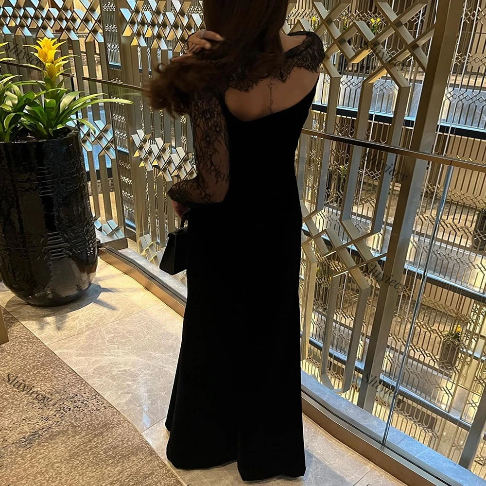 Black Straight Jersey Evening Dress Lace Long Sleeves Saudi Arabia Boat Neck Floor Length Prom Gowns Custom Made Party Dresses