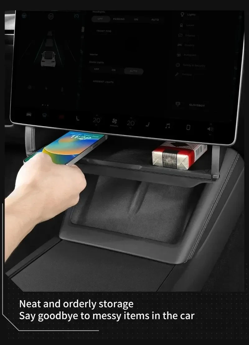 Für Tesla Model 3 Y YL Juniper Highland 2021-2026 Versteckter Aufbewahrungsorganizer, Ablagefach unter der Mittelkonsole, Bildschirmschutz – Detail 11