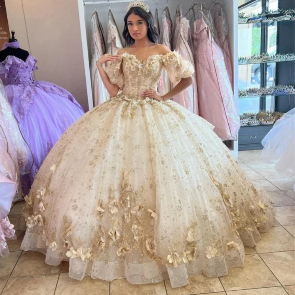 

Роскошное бальное платье цвета шампанского, платья Quinceanera, ручная работа, 3D цветы, с короткими рукавами, милое платье 16,