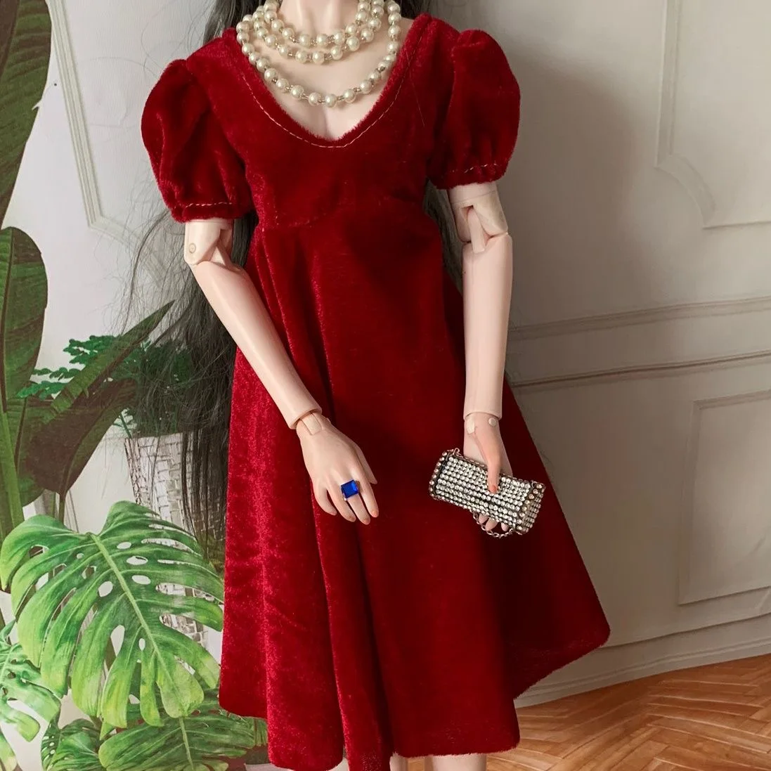 

1/3 1/4 Red BJD Doll Clothes, Nice Gold Velvet Banquet Dress Free Shipping