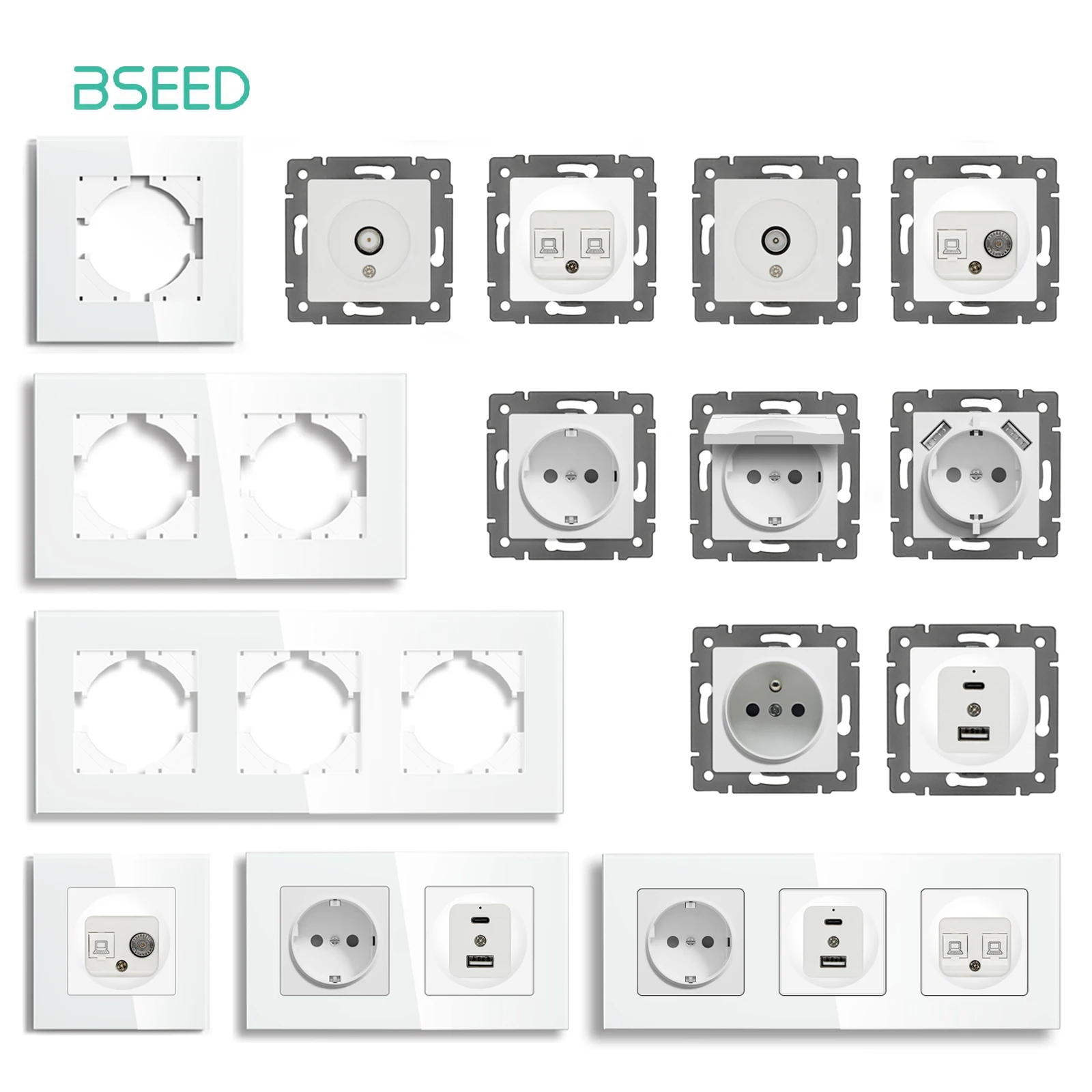 BSEED Wall USB Type-C Socket Module Internet TV Socket Telephone Function Part Only Glass Panel White Color DIY Free Combination