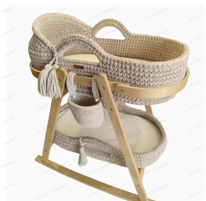 

Портативная люлька-корзина для новорожденных 2025 года, ручной вязки, бежевая, с деревянной подставкой и мягким матрасом