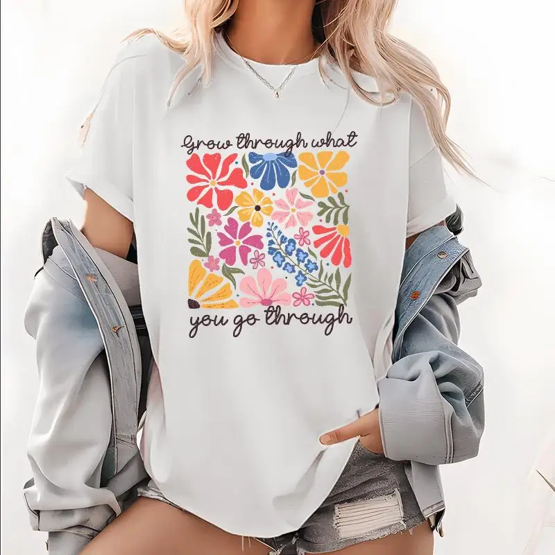 

Inspirational T-Shirt, Grow Through What You Go Through Slogan Tee, Positive Vibe Flower Graphic Tee, Cute Casual Top for Women