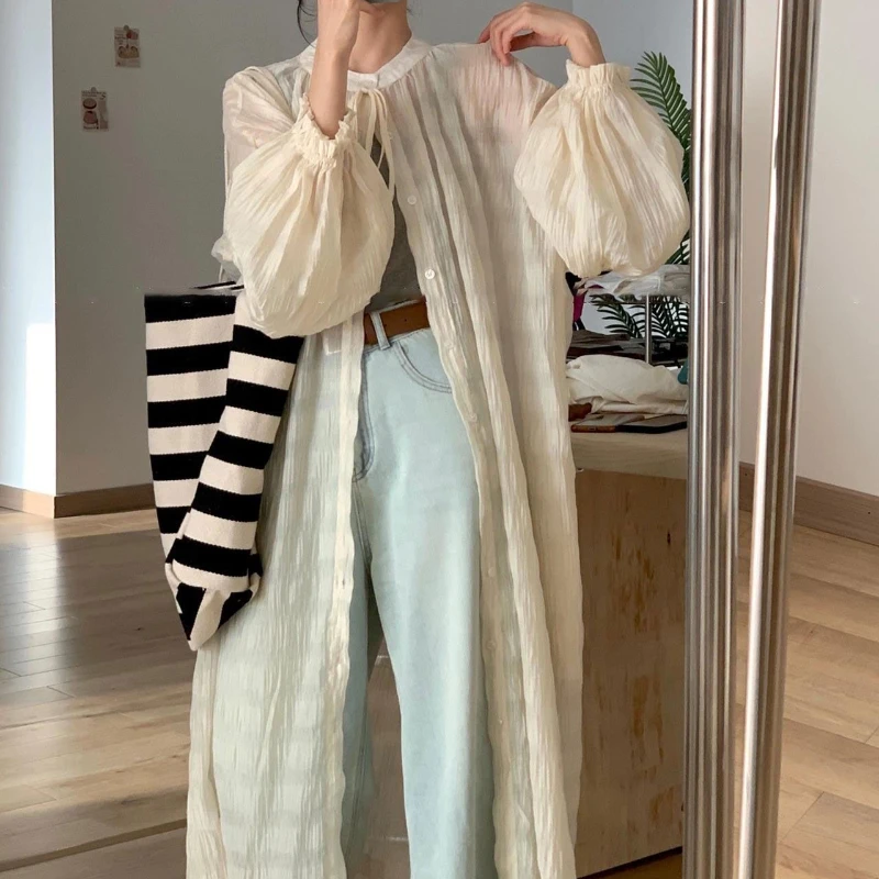 

Apricot French Long Shirt Jacket 2025 Summer Solid Color Buttons Pastoral Women's Thin Coat