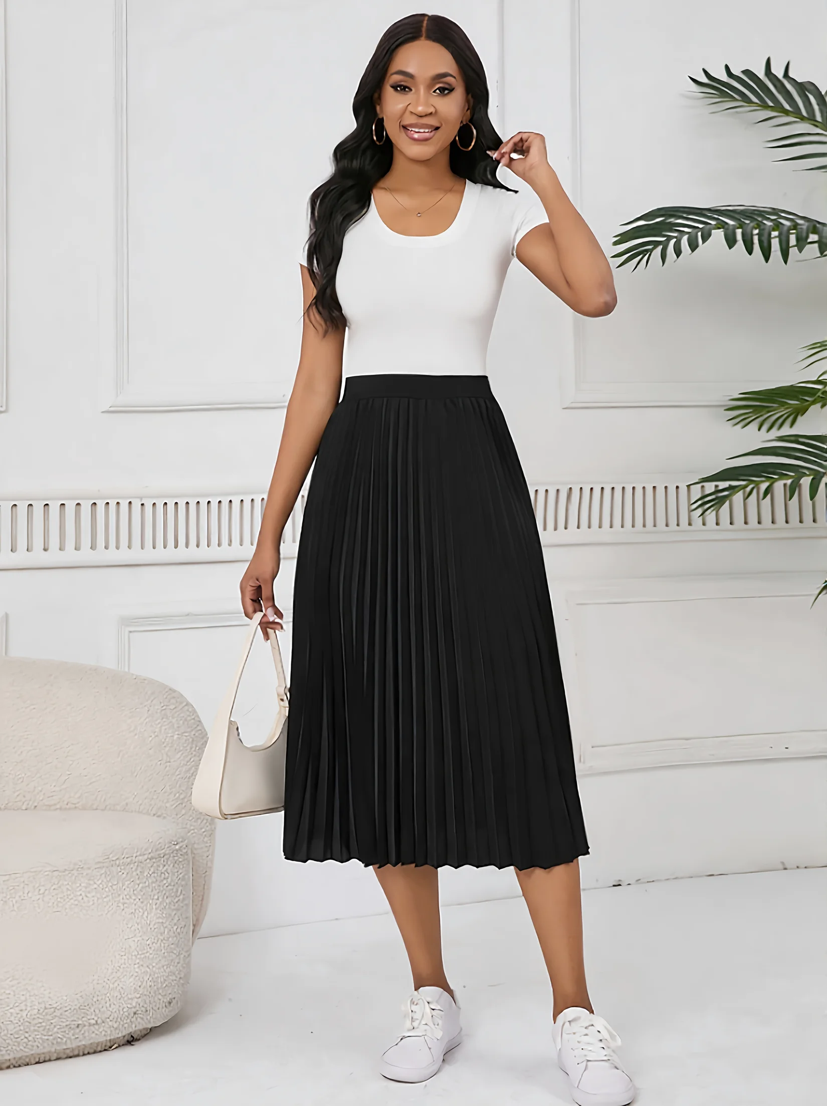 Falda plisada de cintura elástica plisada de primavera/verano para mujer