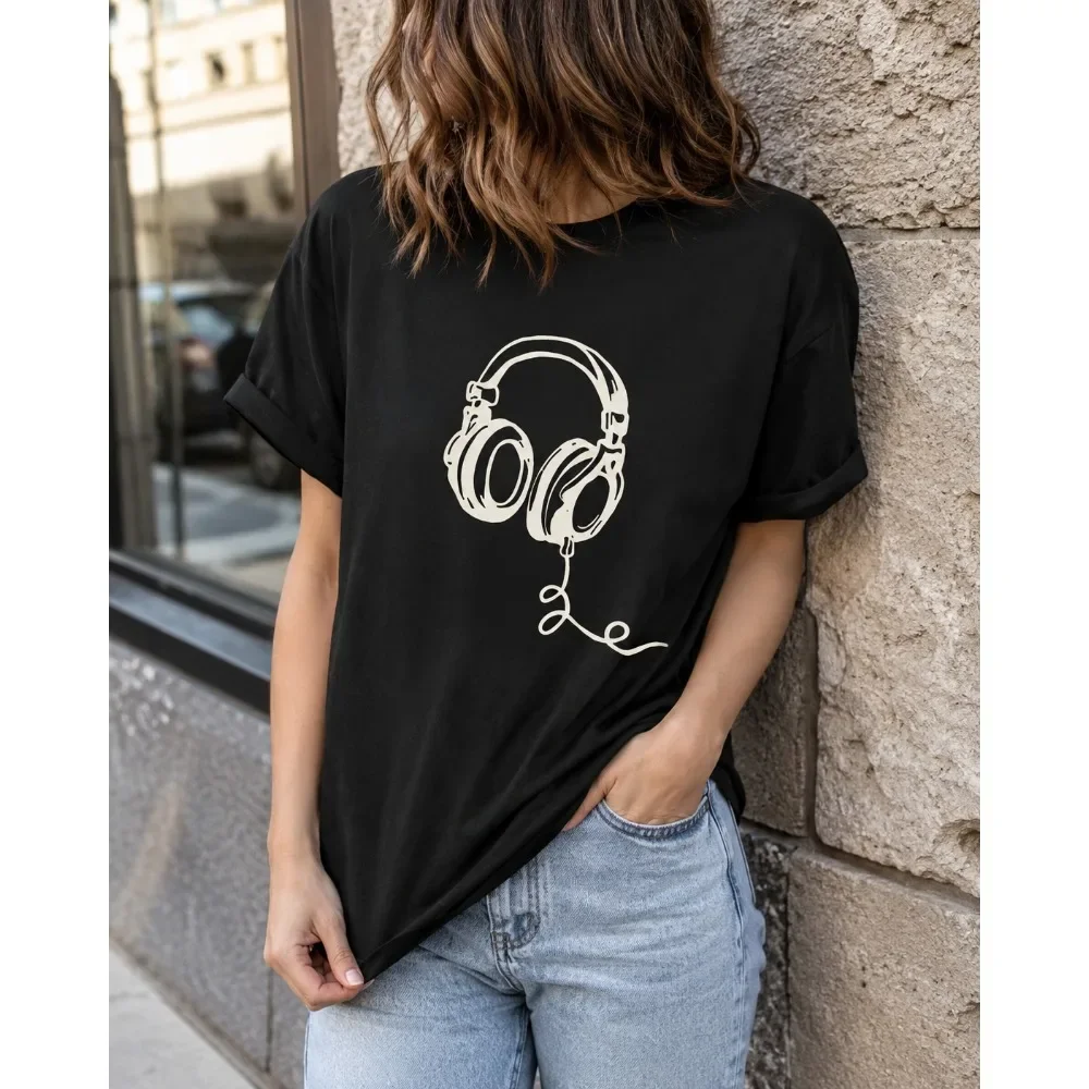 Teenagers' Wired Headphones Casual T-Shirt Fashionable Cool Short Sleeve Summer Casual Tee Urban Style Printed T-Shirt Trendy
